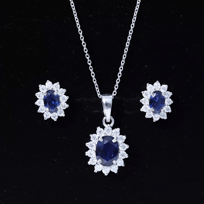 Oval Shaped Lab Created Blue Sapphire Necklace and Earrings Set with Moissanite Halo