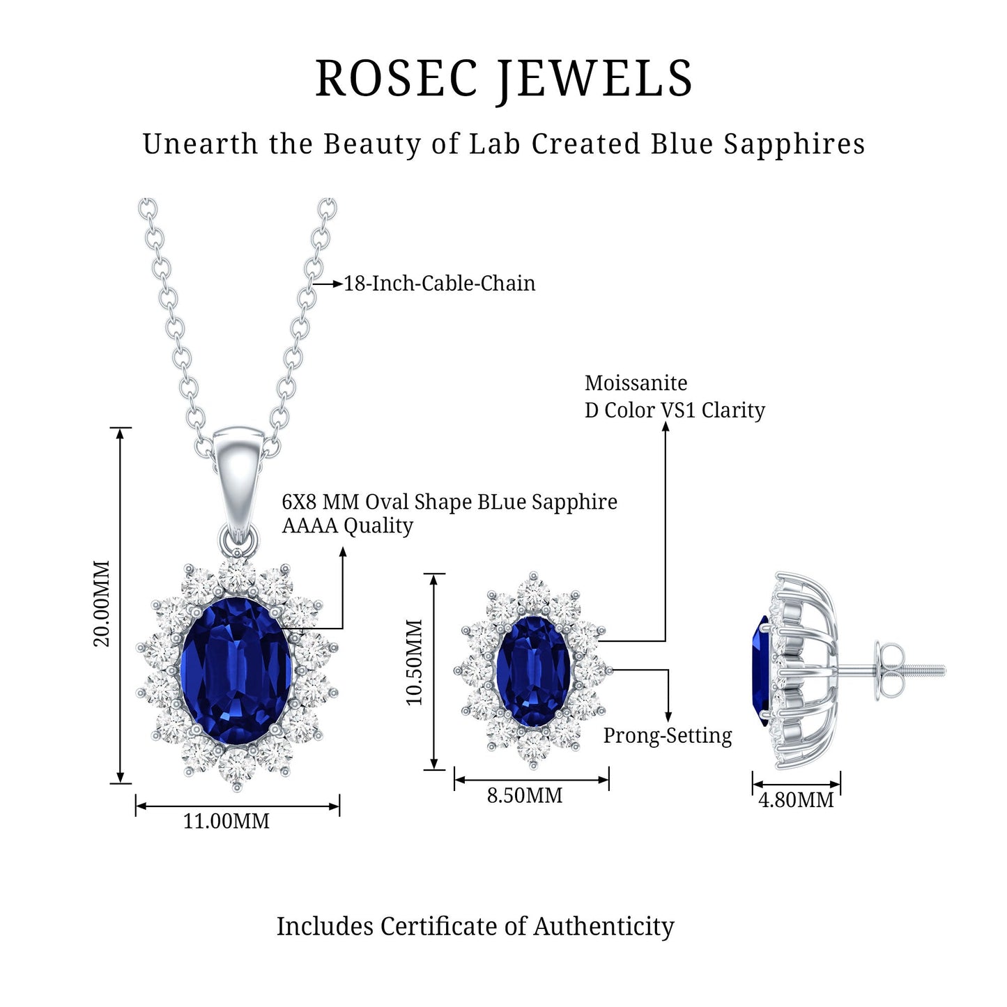 Oval Shaped Lab Created Blue Sapphire Necklace and Earrings Set with Moissanite Halo