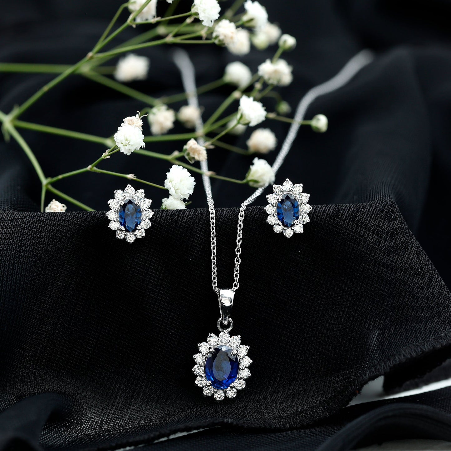 Oval Shaped Lab Created Blue Sapphire Necklace and Earrings Set with Moissanite Halo