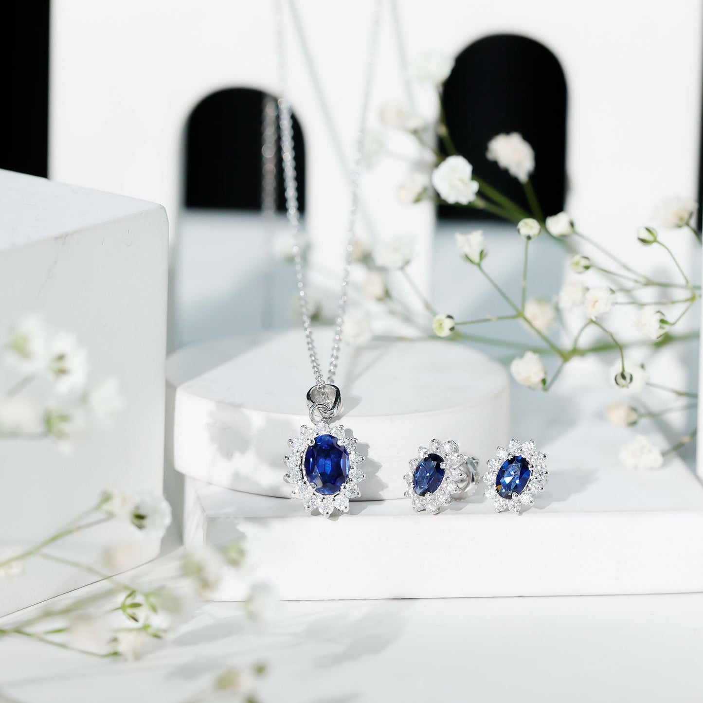 Oval Shaped Lab Created Blue Sapphire Necklace and Earrings Set with Moissanite Halo
