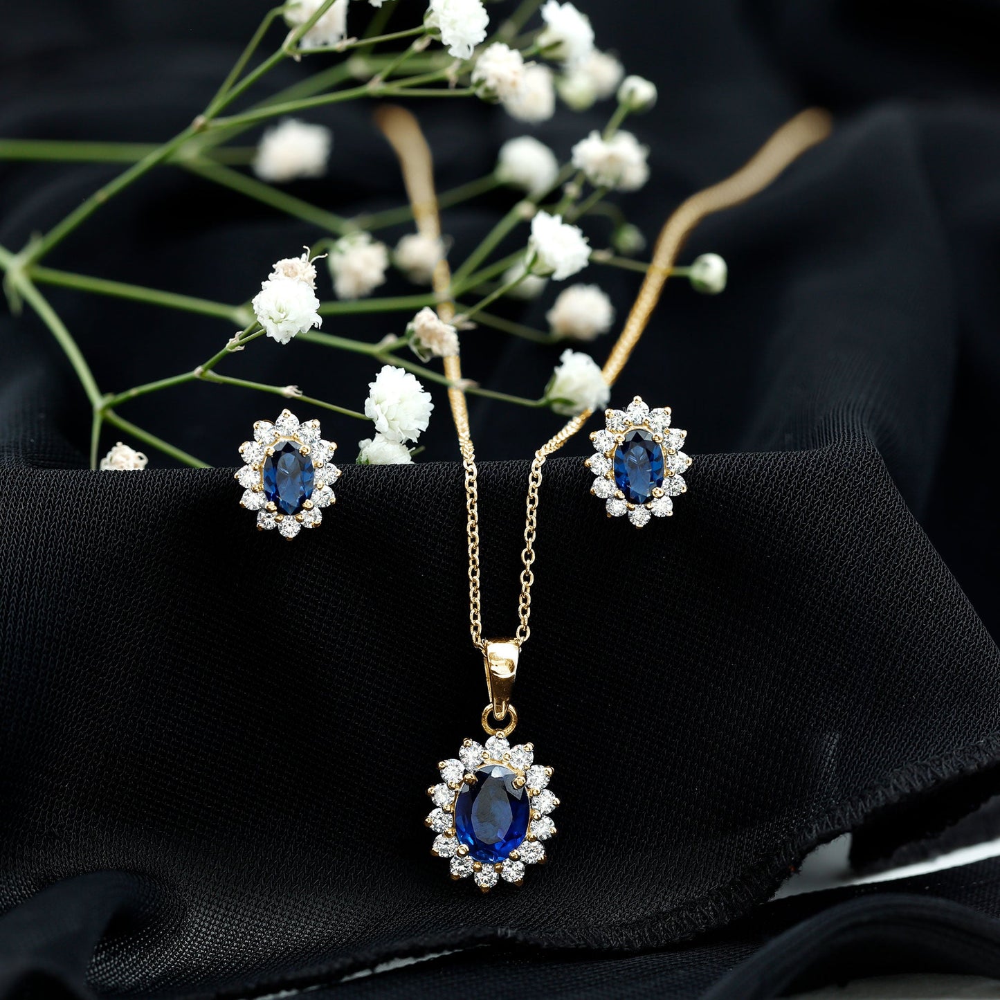 Oval Shaped Lab Created Blue Sapphire Necklace and Earrings Set with Moissanite Halo