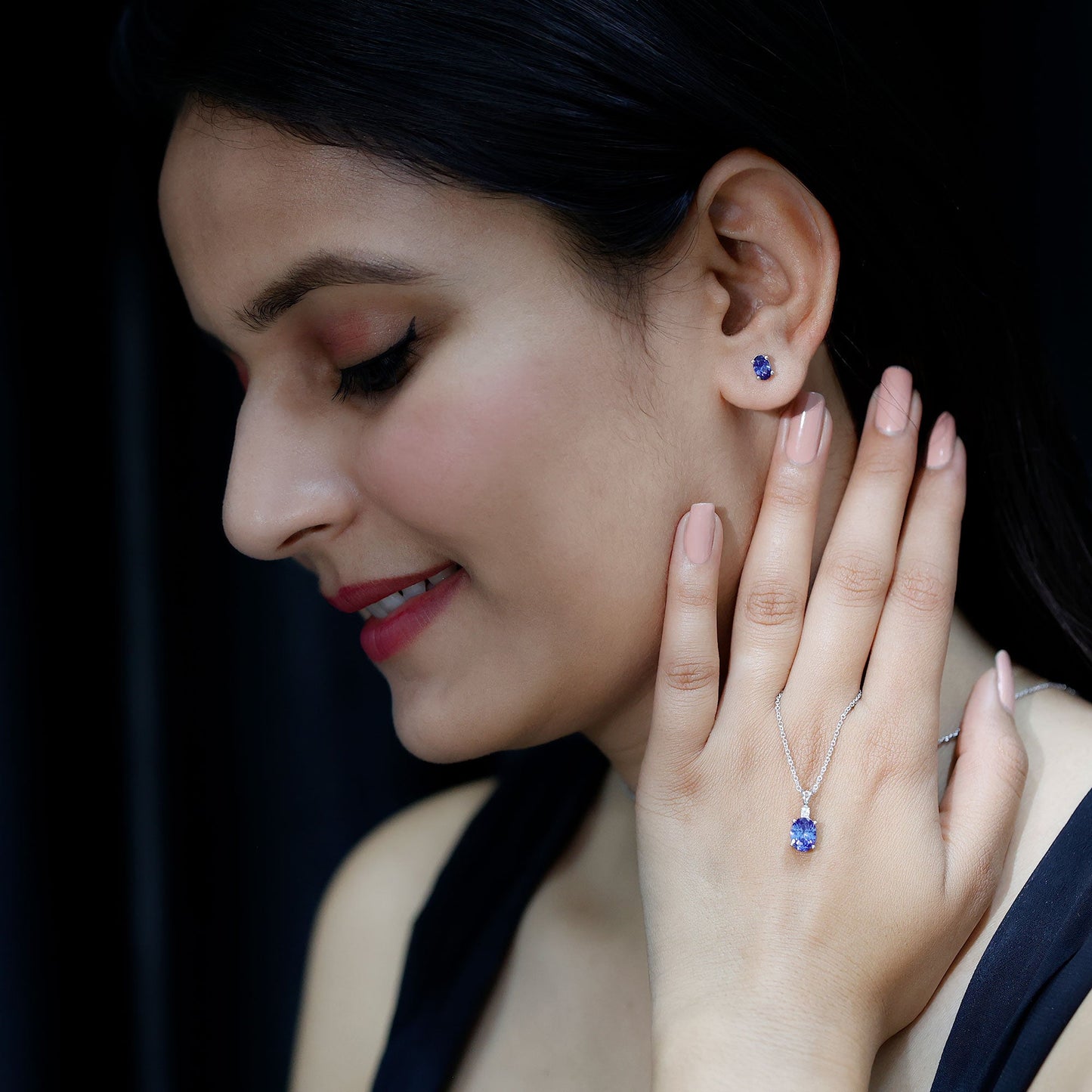 Lab Grown Blue Sapphire Solitaire Jewelry Set with Moissanite