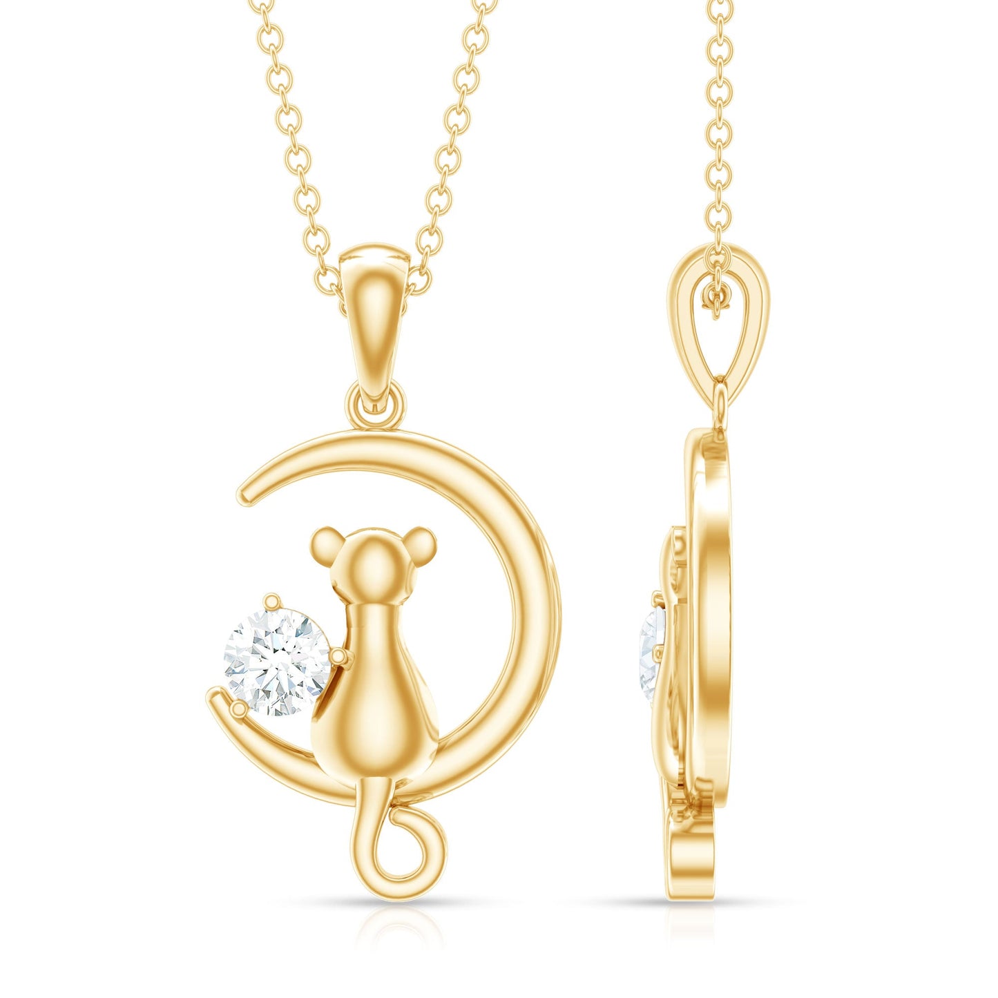 Certified Diamond Cat on Moon Necklace