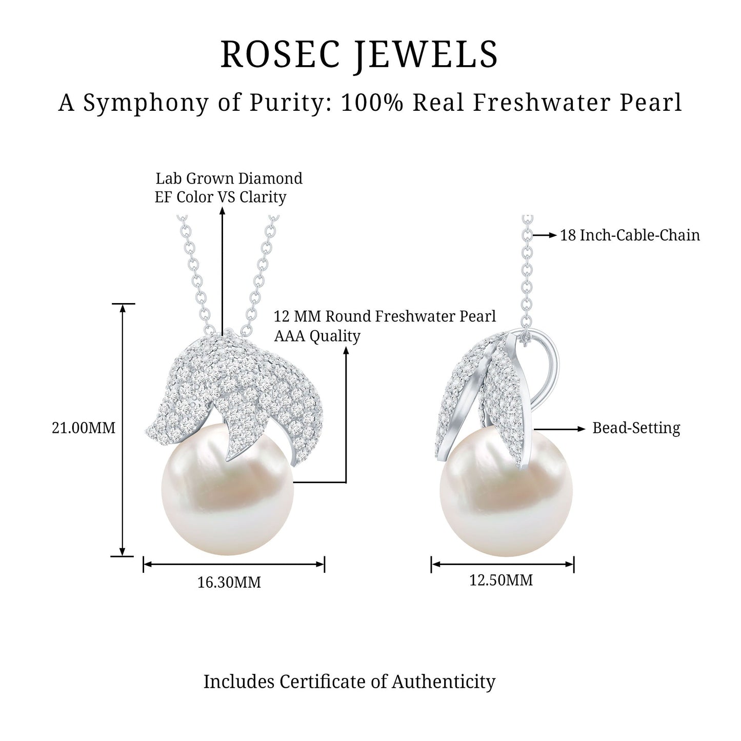Certified Freshwater Pearl Bridal Necklace with Lab Diamond