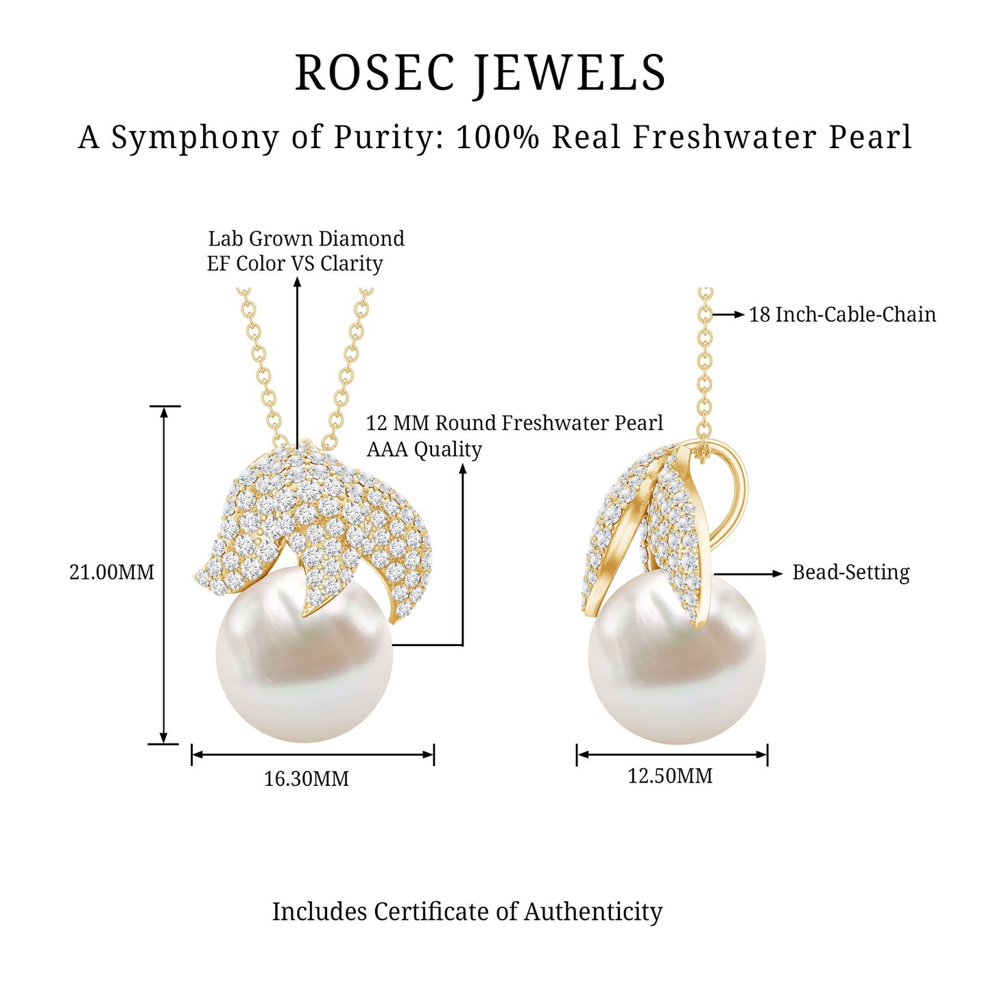 Certified Freshwater Pearl Bridal Necklace with Lab Diamond