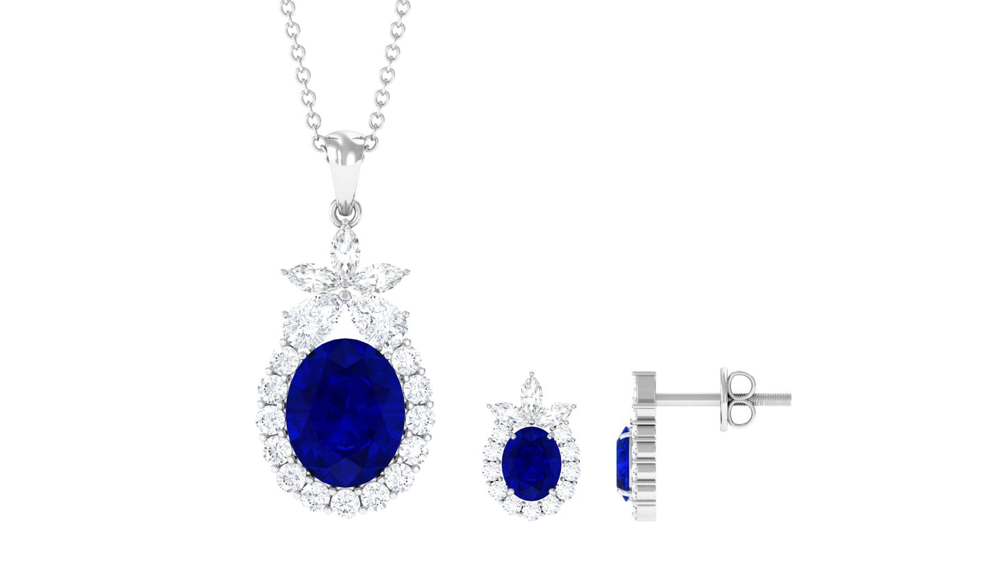 Lab Created Blue Sapphire Floral Jewelry Set with Moissanite