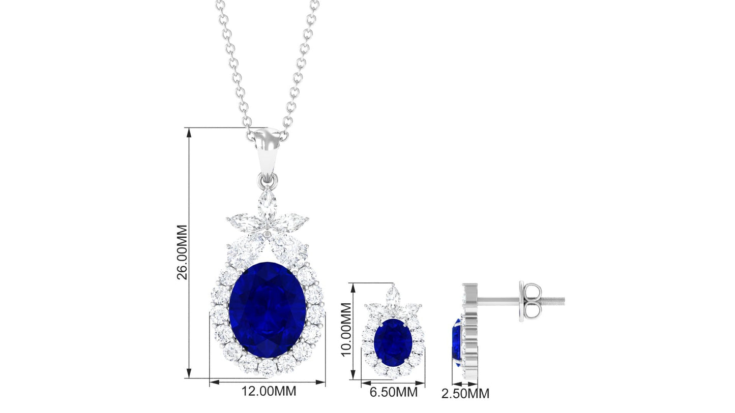 Lab Created Blue Sapphire Floral Jewelry Set with Moissanite