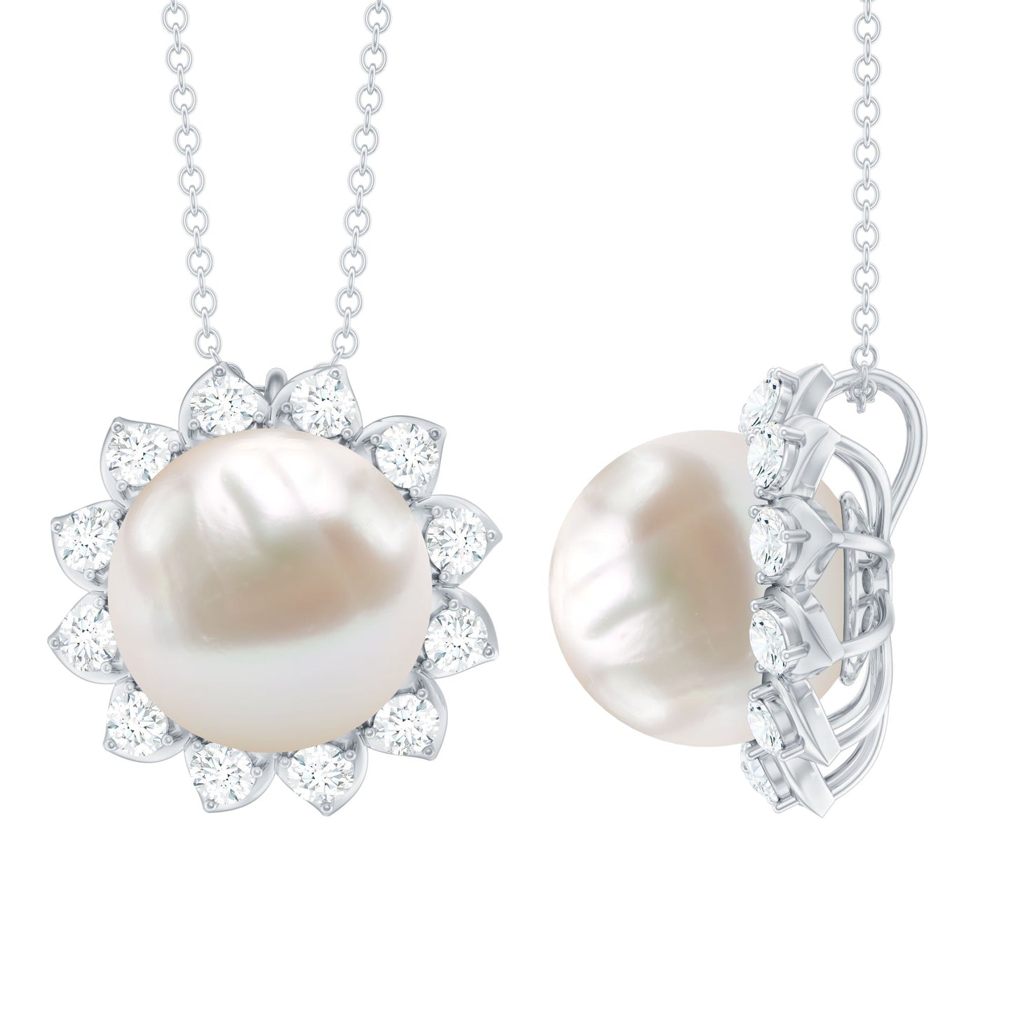 Freshwater Pearl and Moissanite Flower Chain Necklace