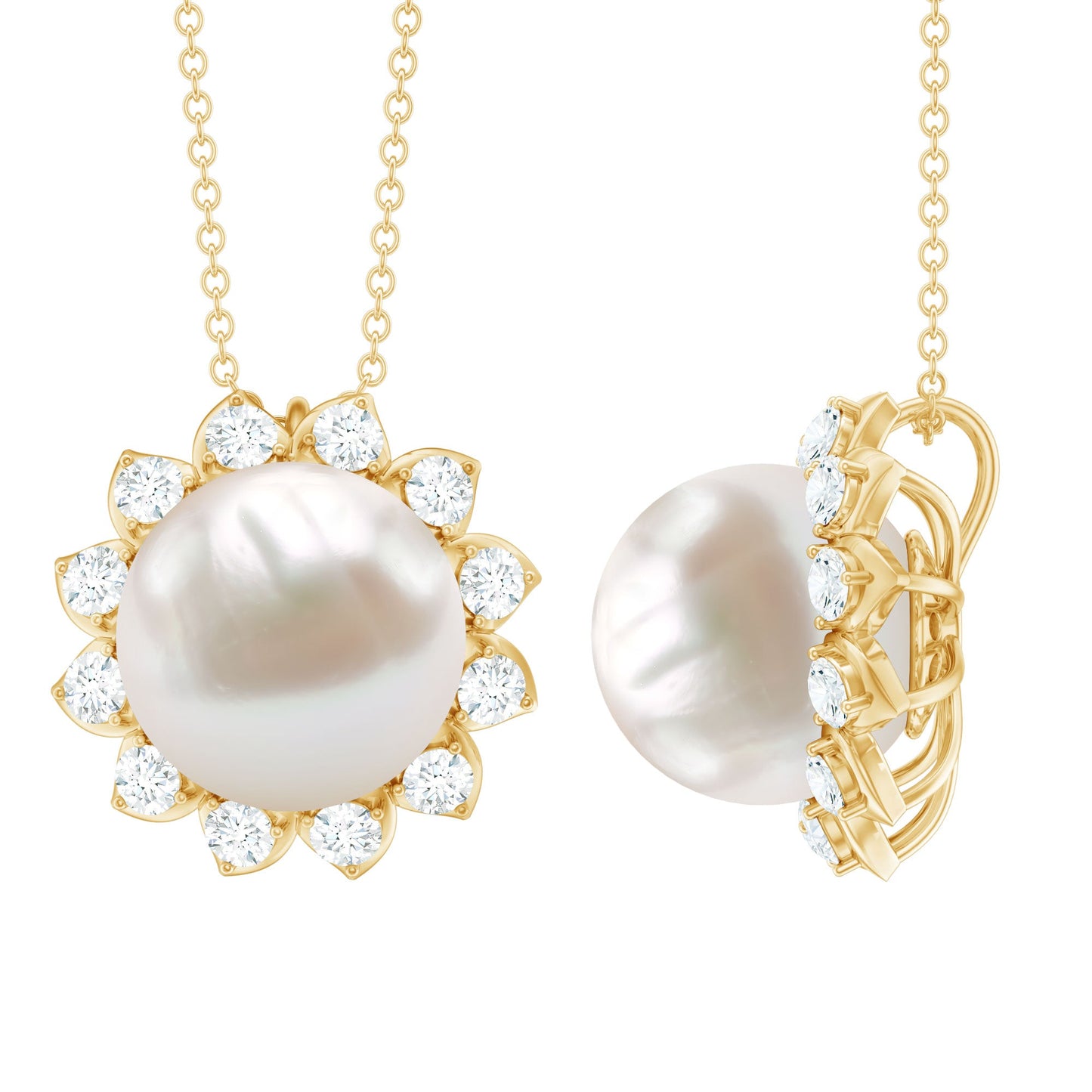 Freshwater Pearl and Moissanite Flower Chain Necklace