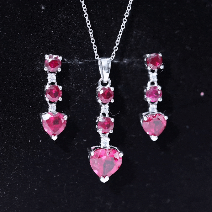 Certified Lab Grown Ruby Heart Necklace and Earrings Set With Diamond