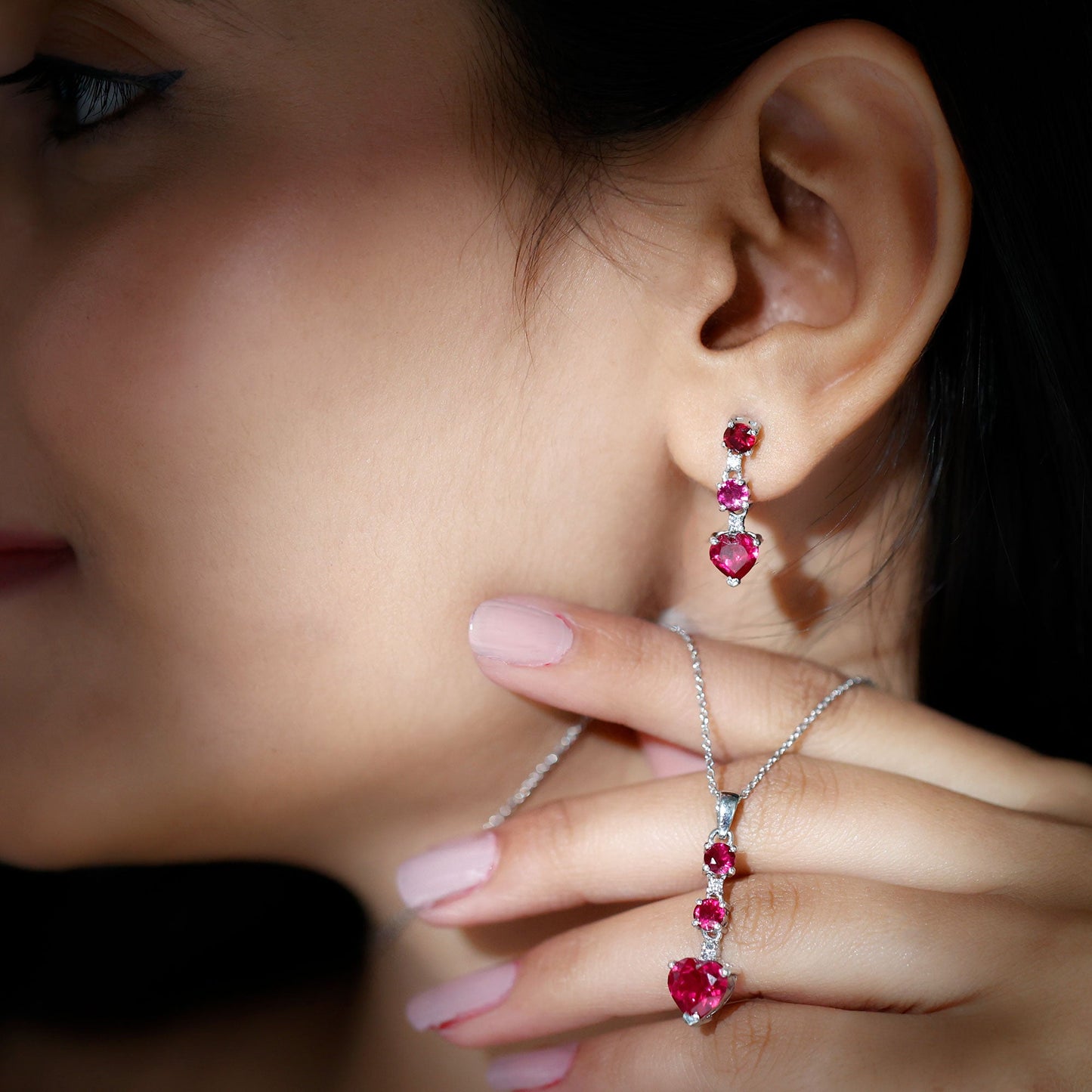 Certified Lab Grown Ruby Heart Necklace and Earrings Set With Diamond