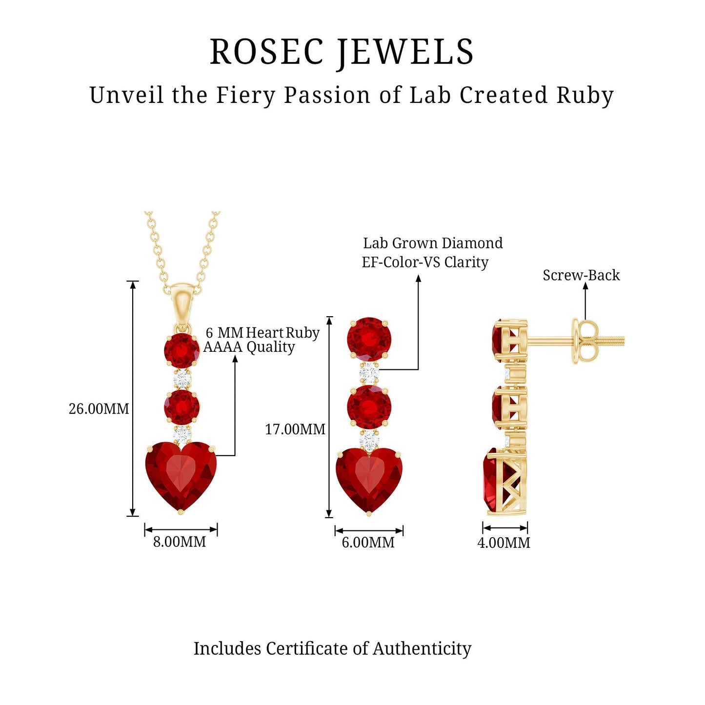 Certified Lab Grown Ruby Heart Necklace and Earrings Set With Diamond