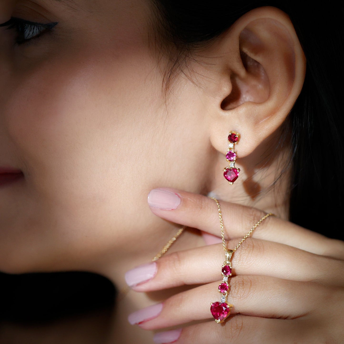 Certified Lab Grown Ruby Heart Necklace and Earrings Set With Diamond