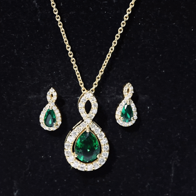 Pear Shaped Lab Created Emerald and Diamond Infinity Jewelry Set