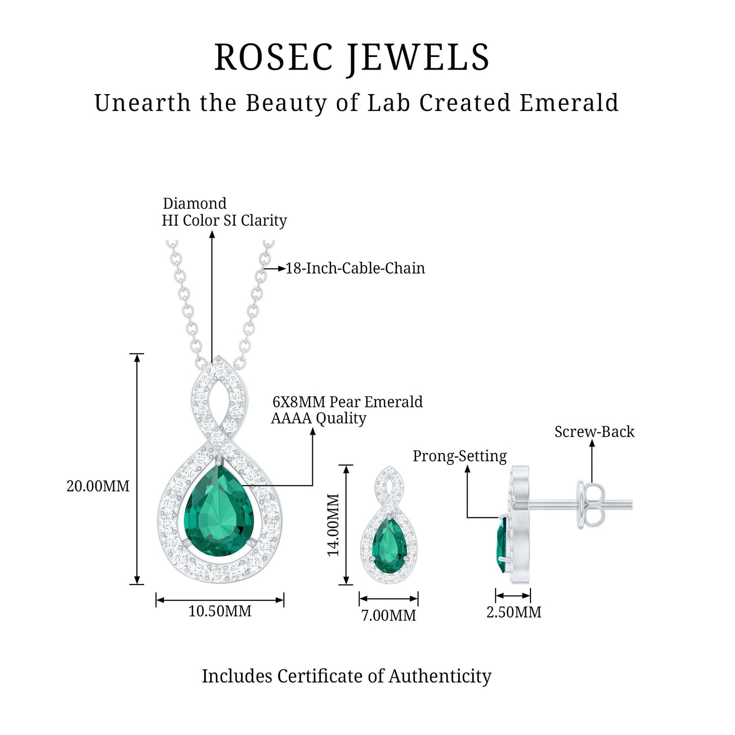 Pear Shaped Lab Created Emerald and Diamond Infinity Jewelry Set