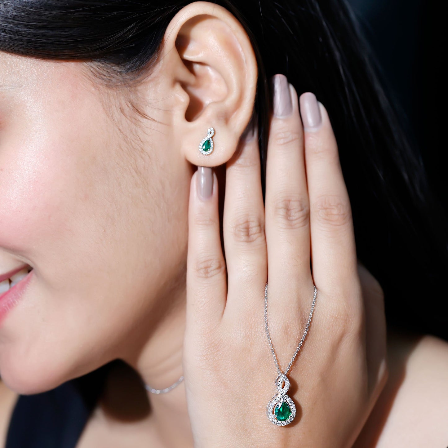 Pear Shaped Lab Created Emerald and Diamond Infinity Jewelry Set