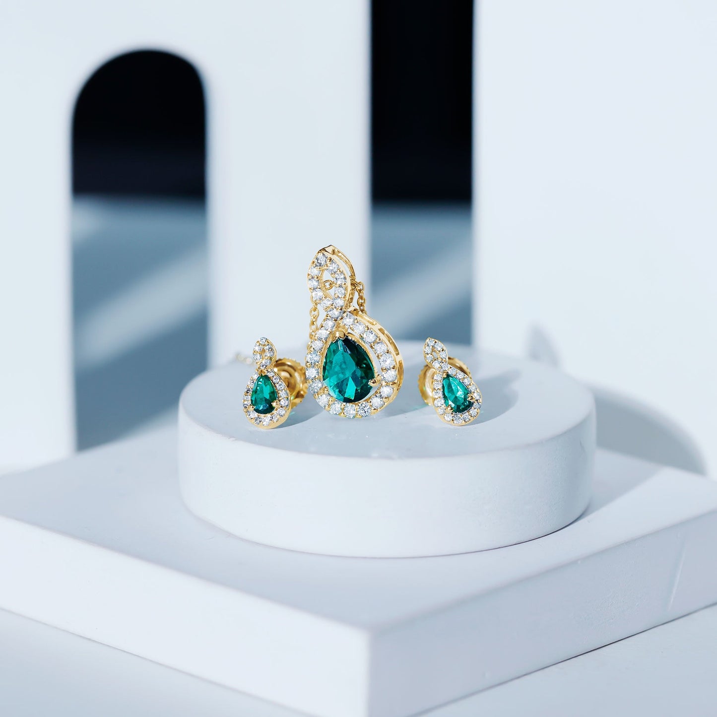 Pear Shaped Lab Created Emerald and Diamond Infinity Jewelry Set