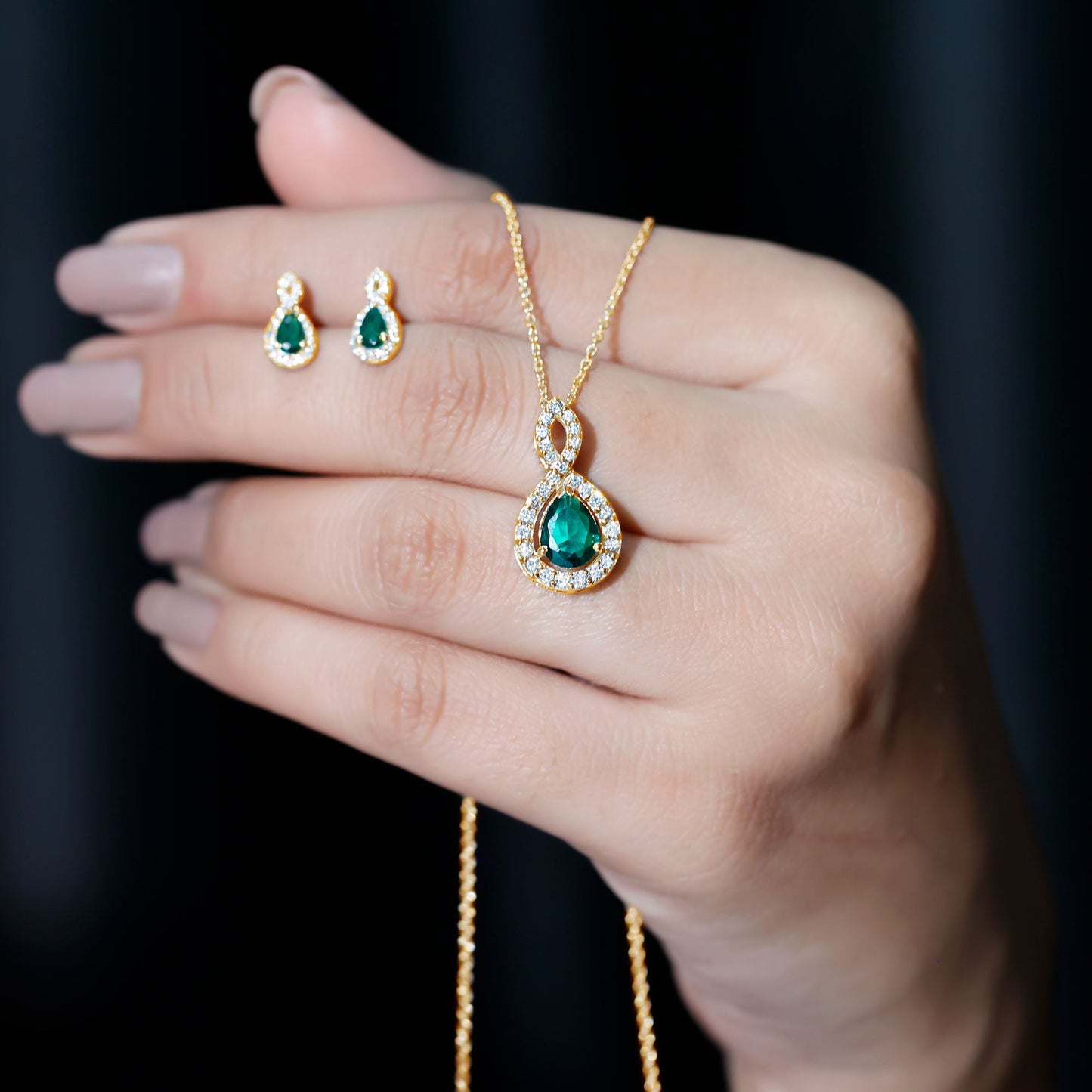 Pear Shaped Lab Created Emerald and Diamond Infinity Jewelry Set