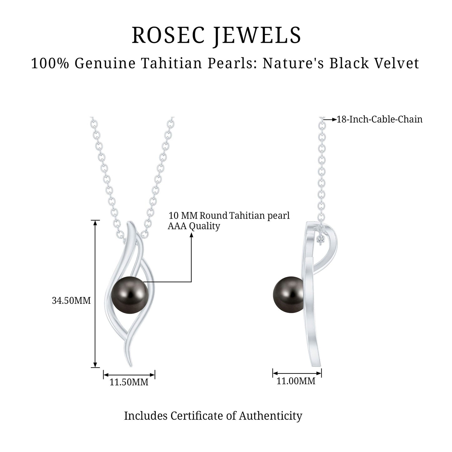 8 Carat Solitaire Black Pearl Leaf Pendant Necklace