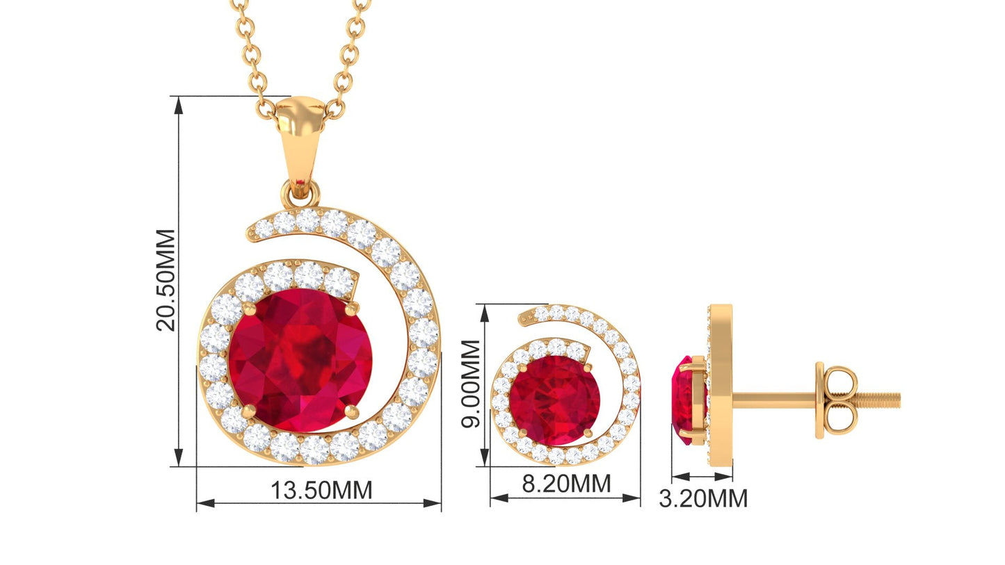 Lab Created Ruby and Moissanite Swirl Pendant and Earrings Set