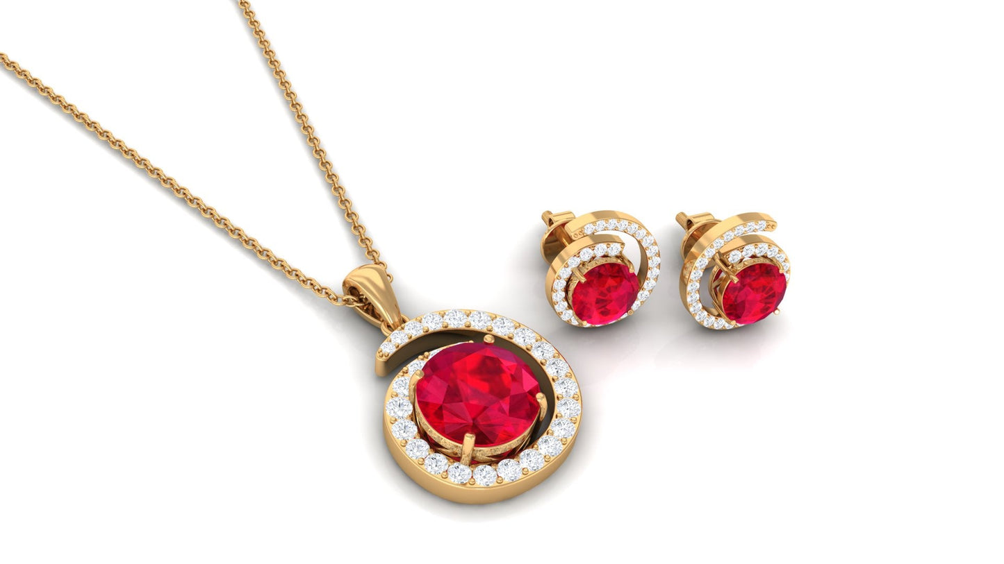 Lab Created Ruby and Moissanite Swirl Pendant and Earrings Set