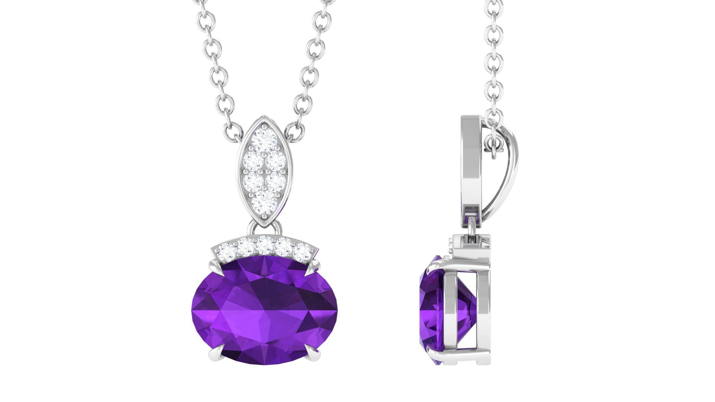 Real 1 Carat Oval Amethyst Diamond Necklace in East West Style