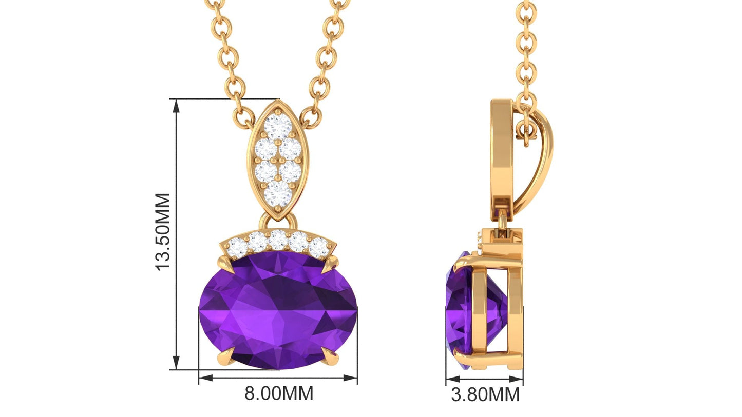 Real 1 Carat Oval Amethyst Diamond Necklace in East West Style