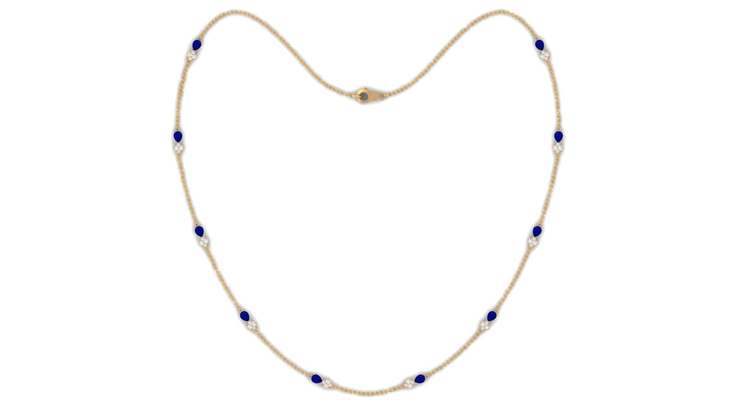Pear Cut Created Blue Sapphire and Diamond Station Chain Necklace