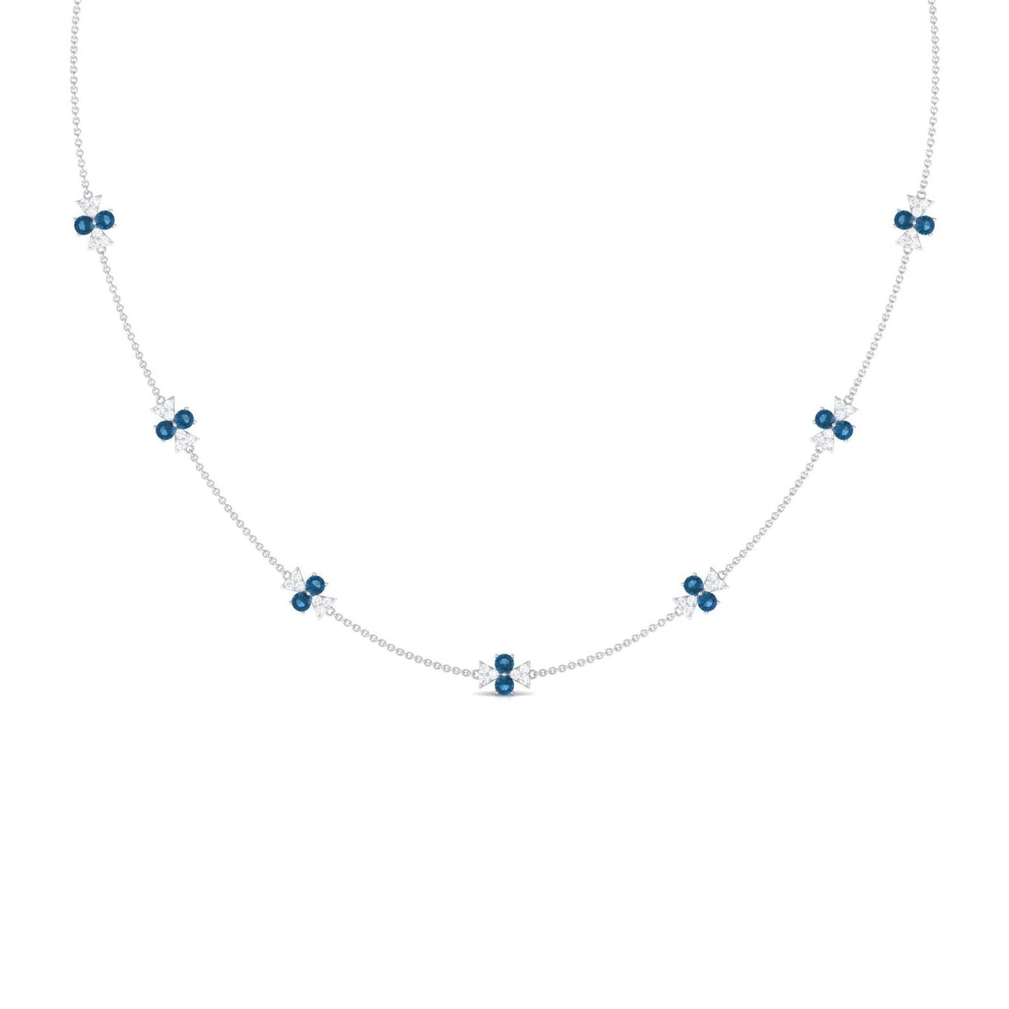 London Blue Topaz Station Chain Necklace with Moissanite