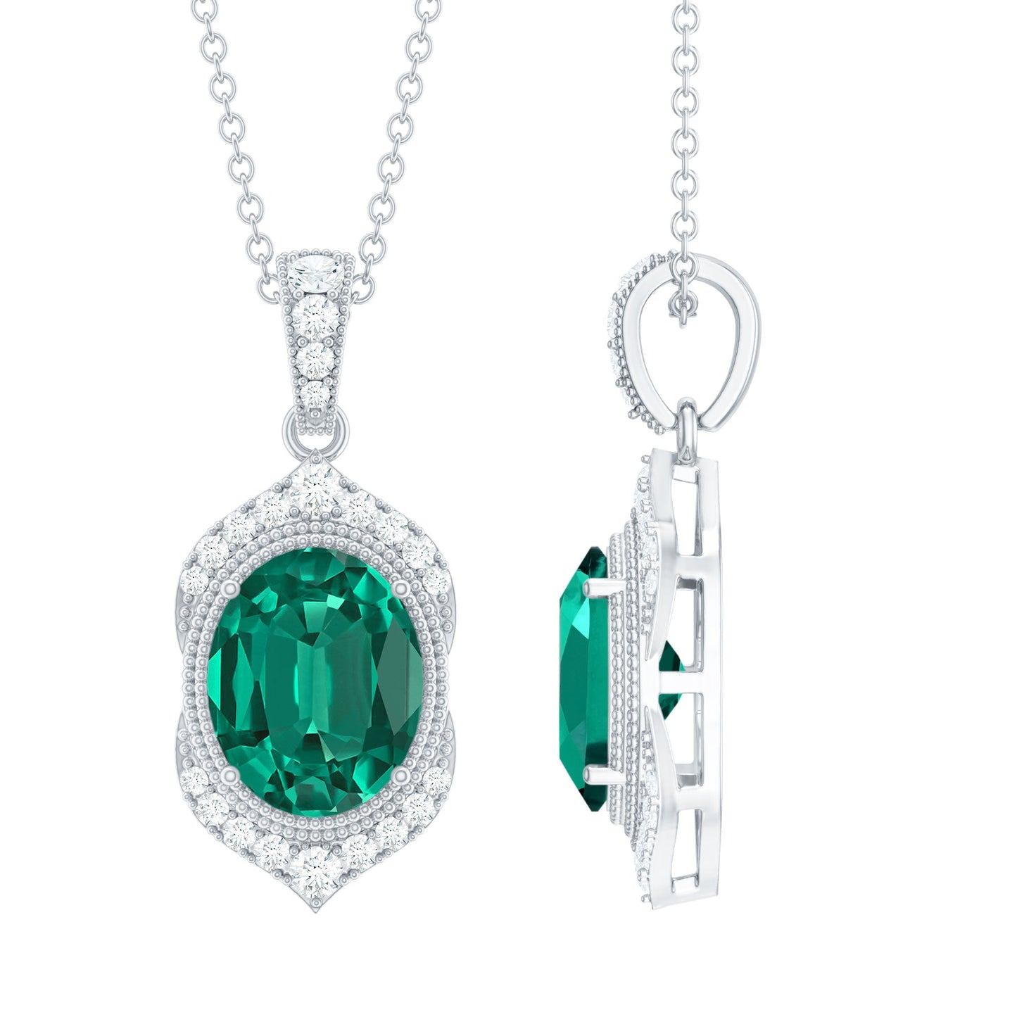 Art Deco Style 5 Carat Lab Grown Emerald Pendant Necklace with Diamond