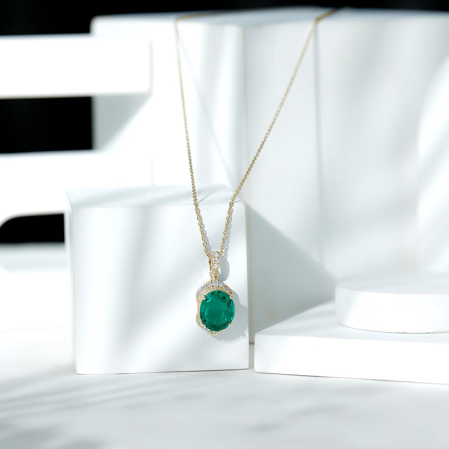 Art Deco Style 5 Carat Lab Grown Emerald Pendant Necklace with Diamond