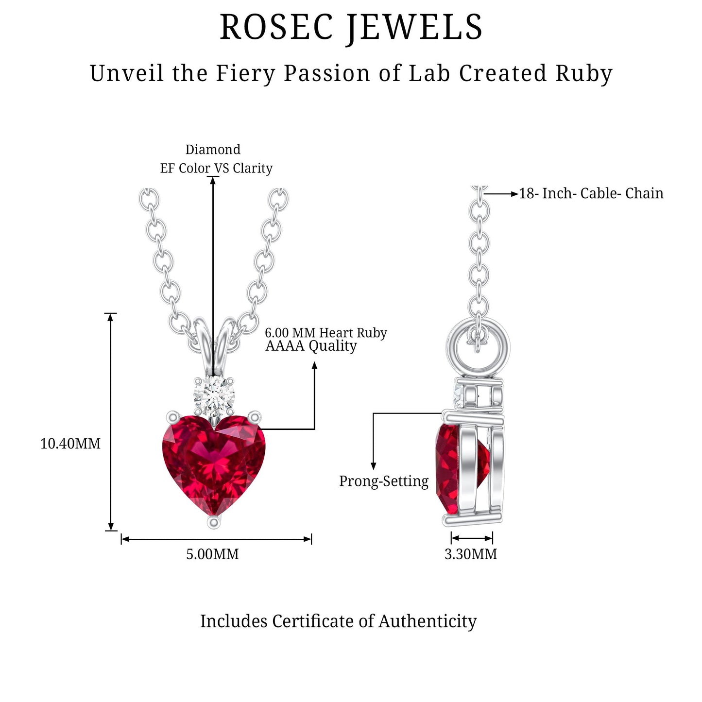 0.9 Carat Certified Lab Grown Ruby Heart Necklace with Diamond