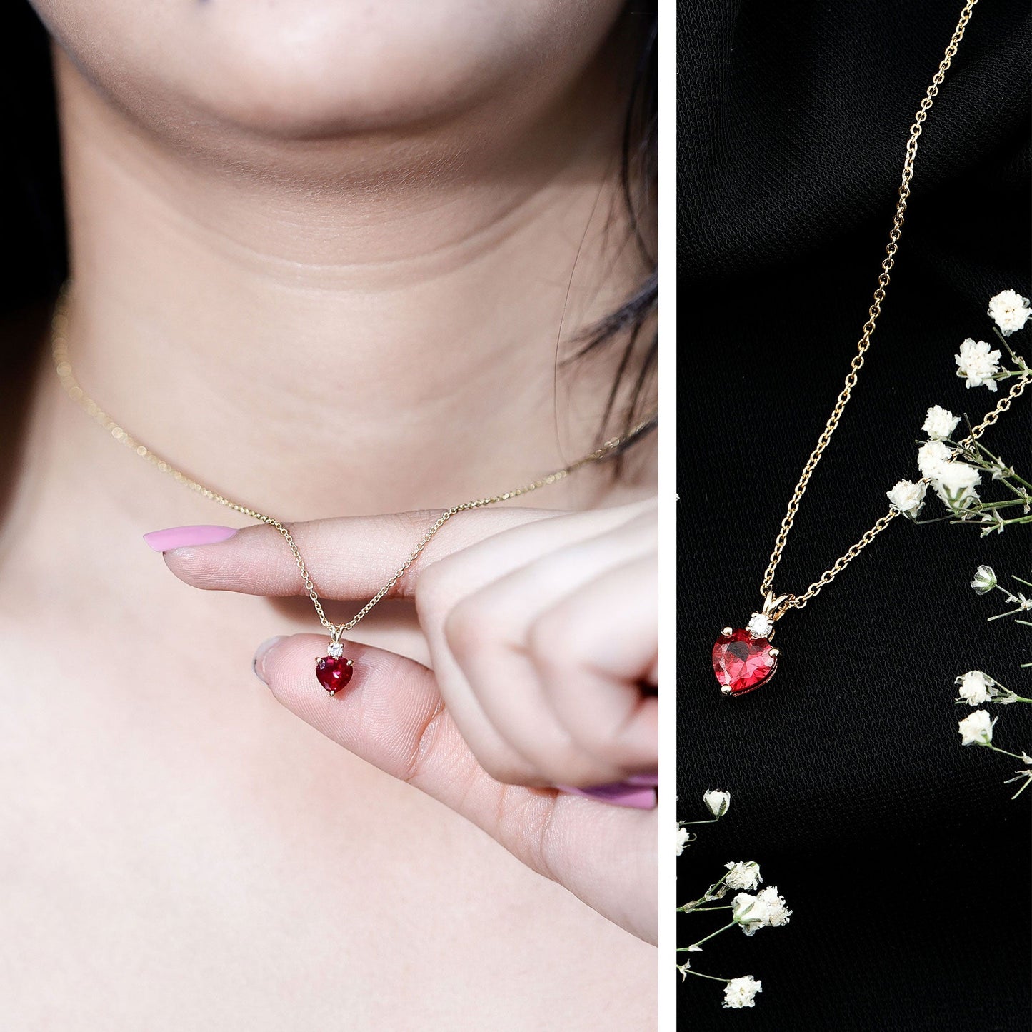 0.9 Carat Certified Lab Grown Ruby Heart Necklace with Diamond