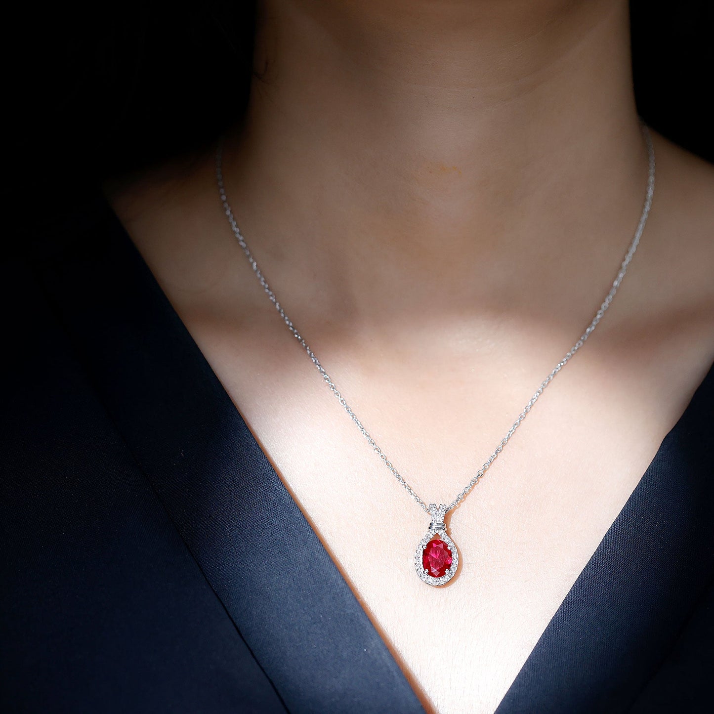 Classic Lab Grown Ruby Drop Pendant Necklace With Diamond Halo
