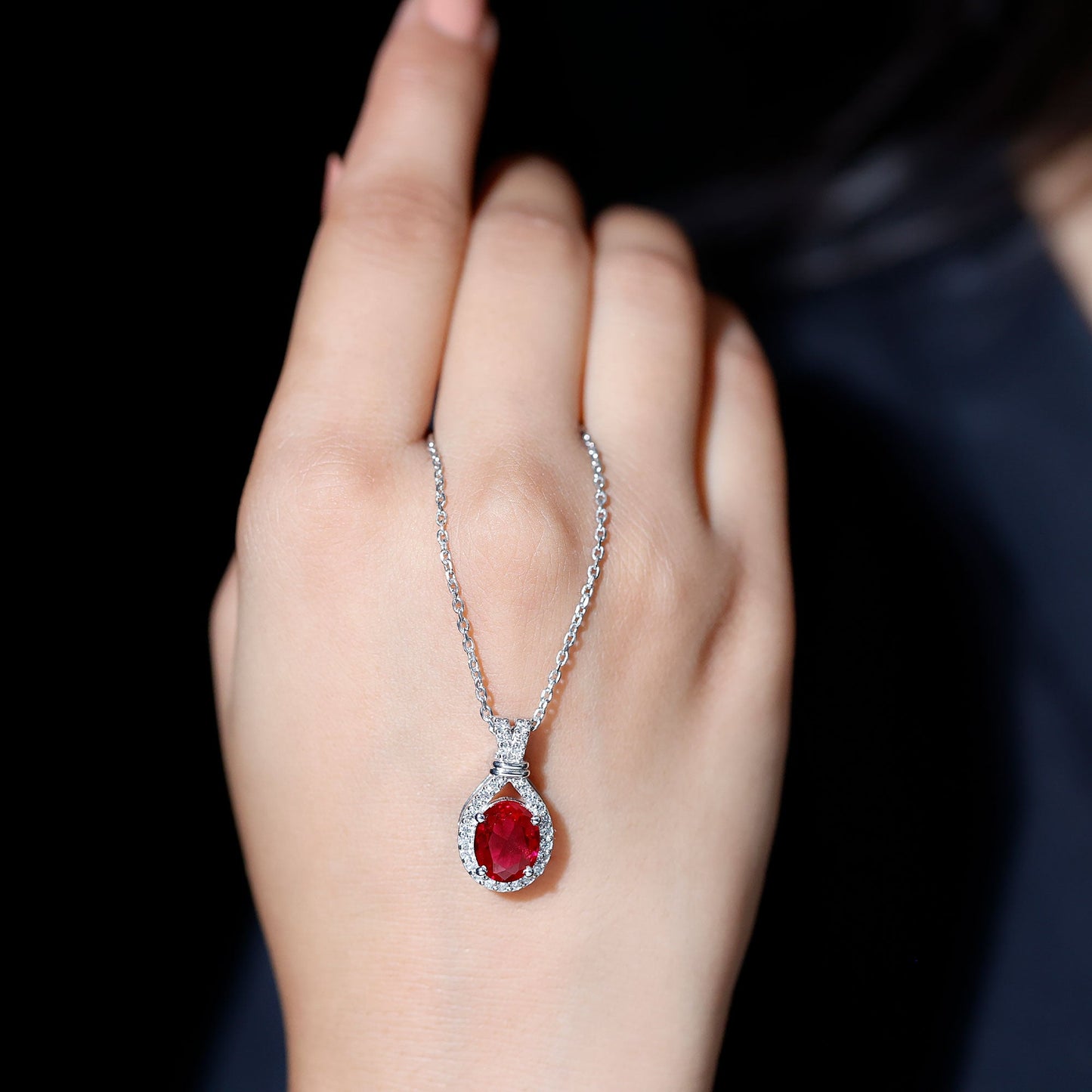 Classic Lab Grown Ruby Drop Pendant Necklace With Diamond Halo