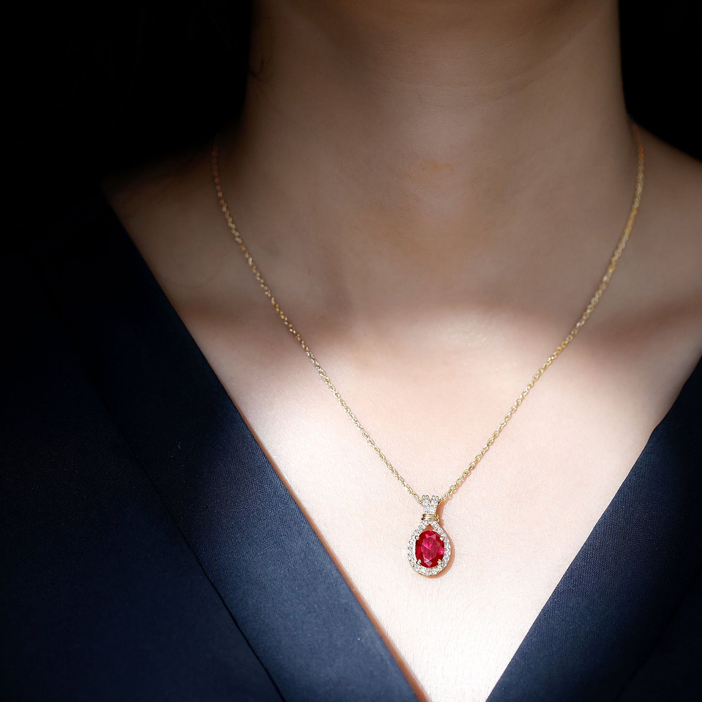 Classic Lab Grown Ruby Drop Pendant Necklace With Diamond Halo