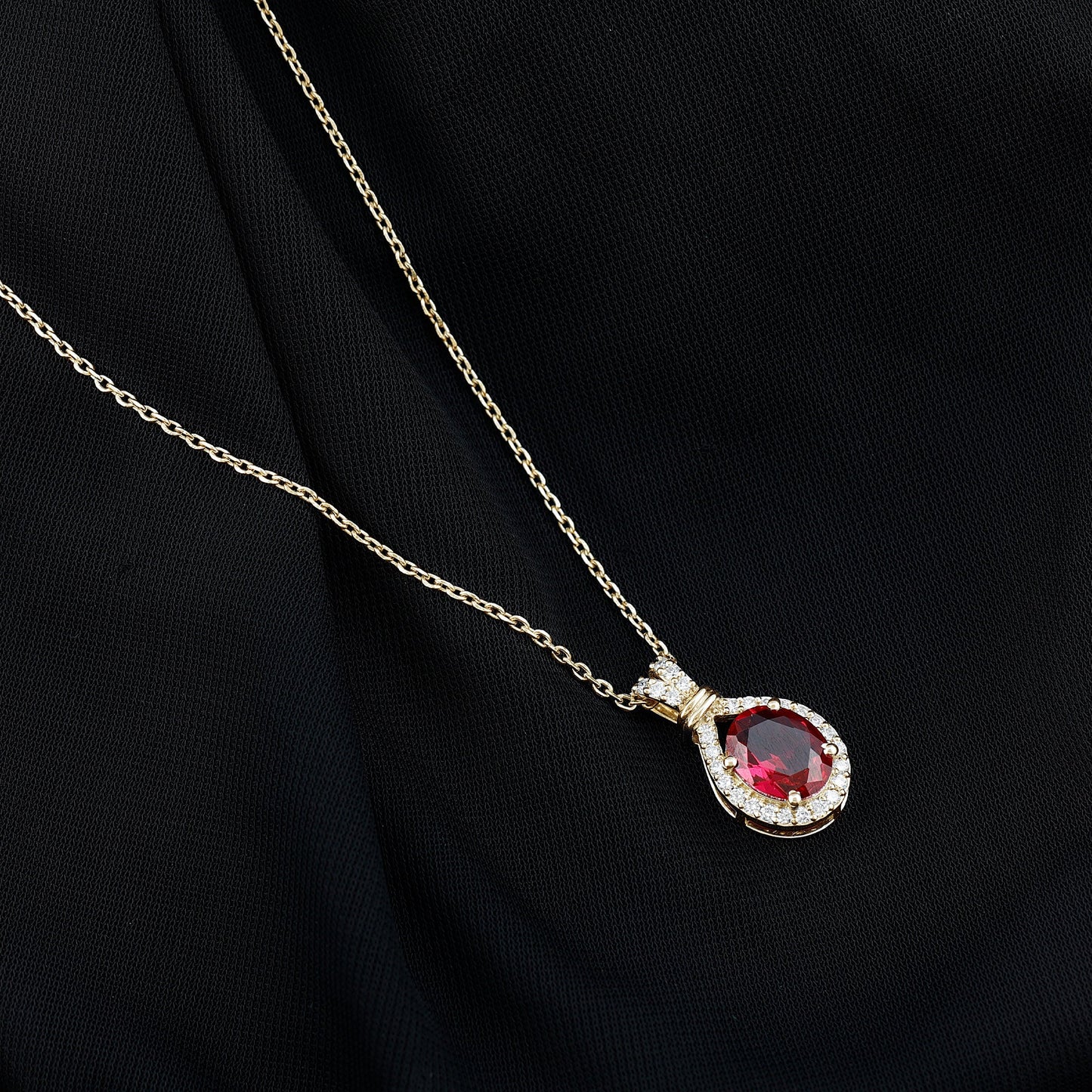 Classic Lab Grown Ruby Drop Pendant Necklace With Diamond Halo