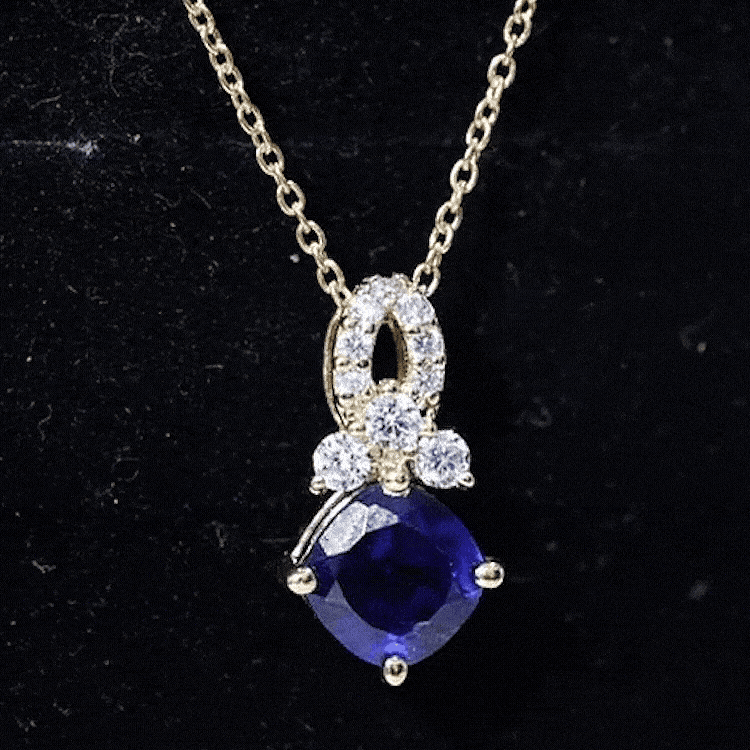 Cushion Cut Lab Grown Blue Sapphire Solitaire Necklace with Diamond