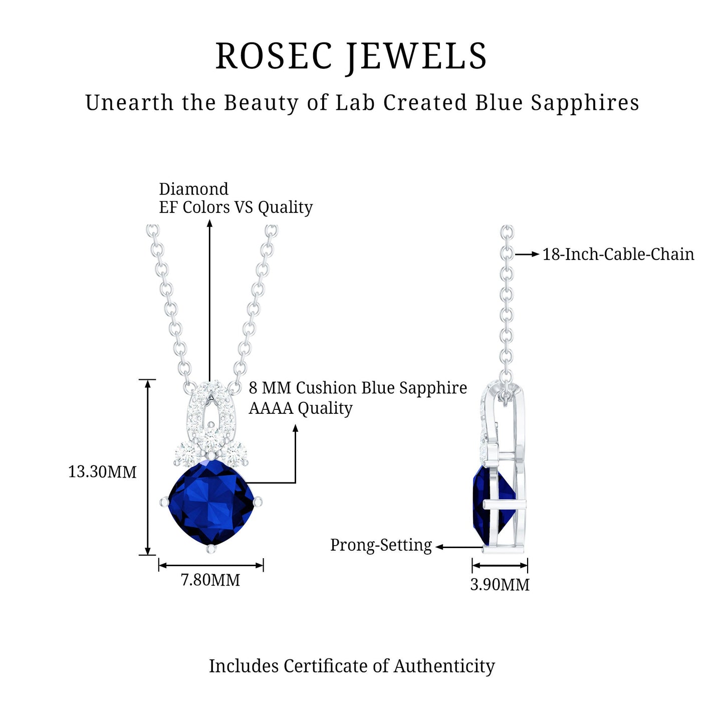 Cushion Cut Lab Grown Blue Sapphire Solitaire Necklace with Diamond