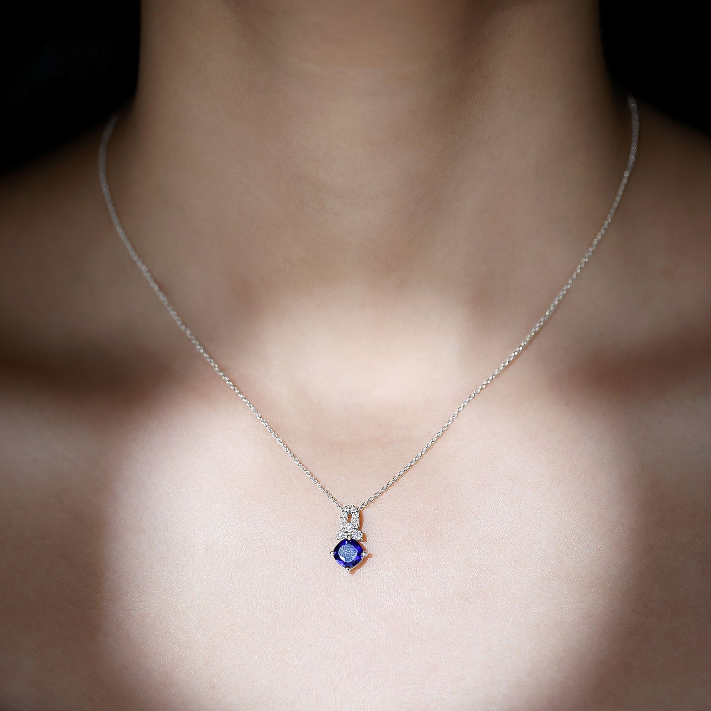 Cushion Cut Lab Grown Blue Sapphire Solitaire Necklace with Diamond