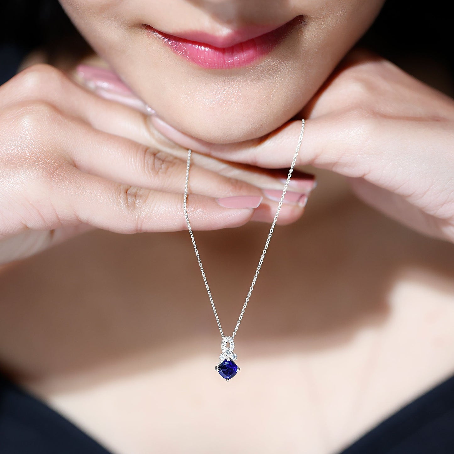 Cushion Cut Lab Grown Blue Sapphire Solitaire Necklace with Diamond