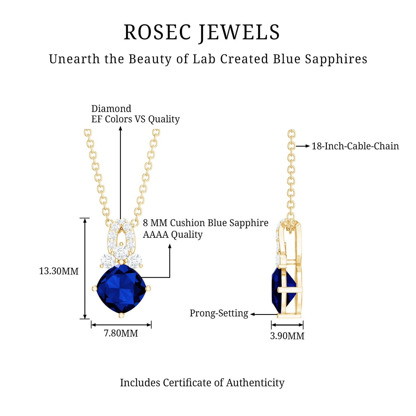Cushion Cut Lab Grown Blue Sapphire Solitaire Necklace with Diamond