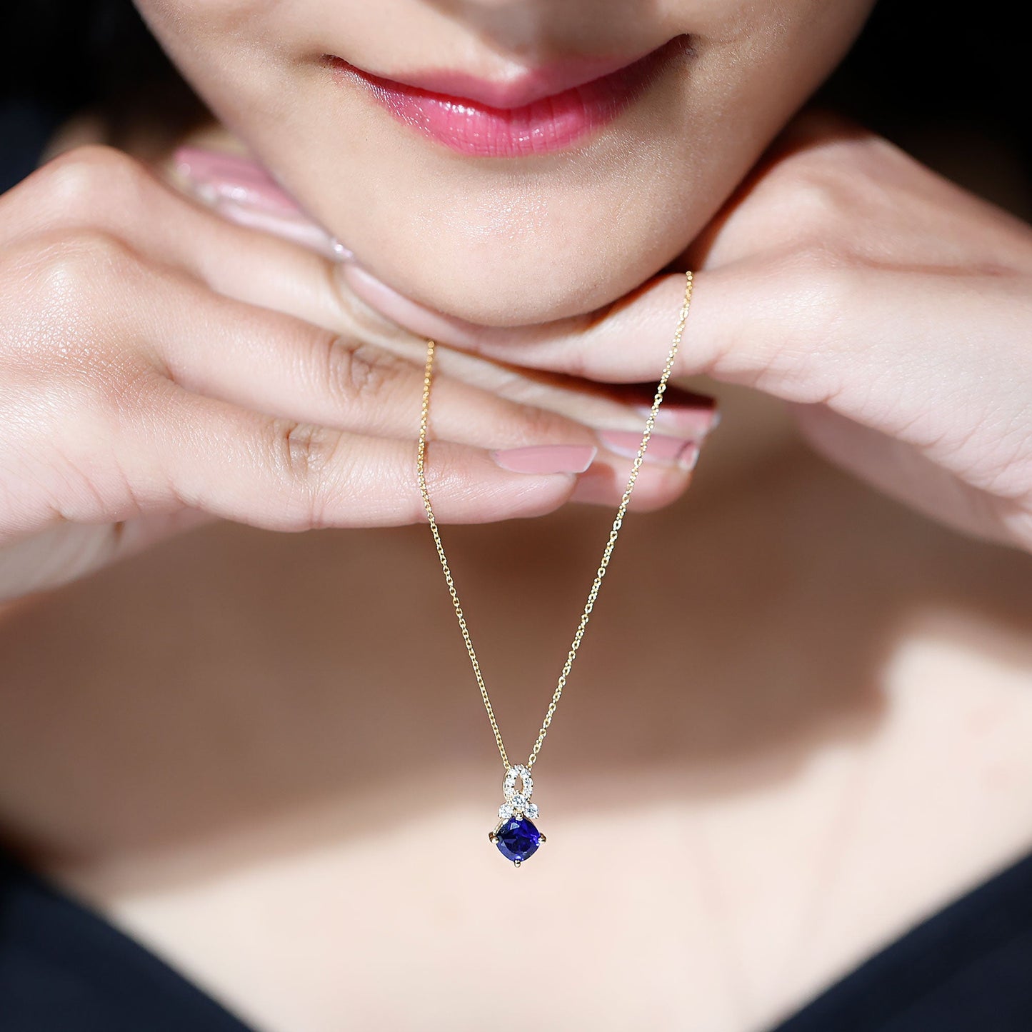 Cushion Cut Lab Grown Blue Sapphire Solitaire Necklace with Diamond