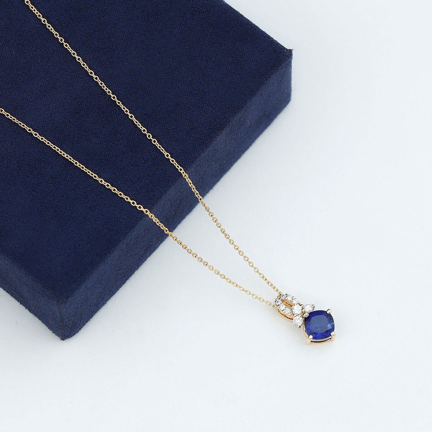 Cushion Cut Lab Grown Blue Sapphire Solitaire Necklace with Diamond