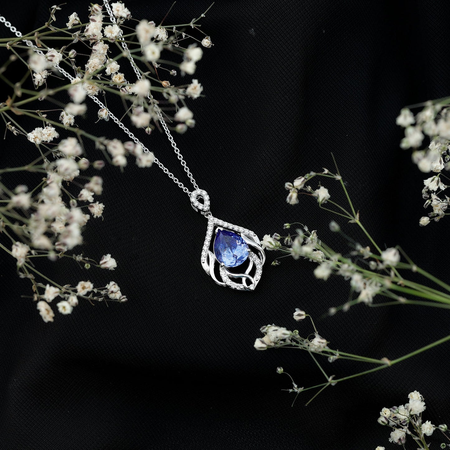 Certified Lab Grown Blue Sapphire Designer Necklace with Diamond Accent
