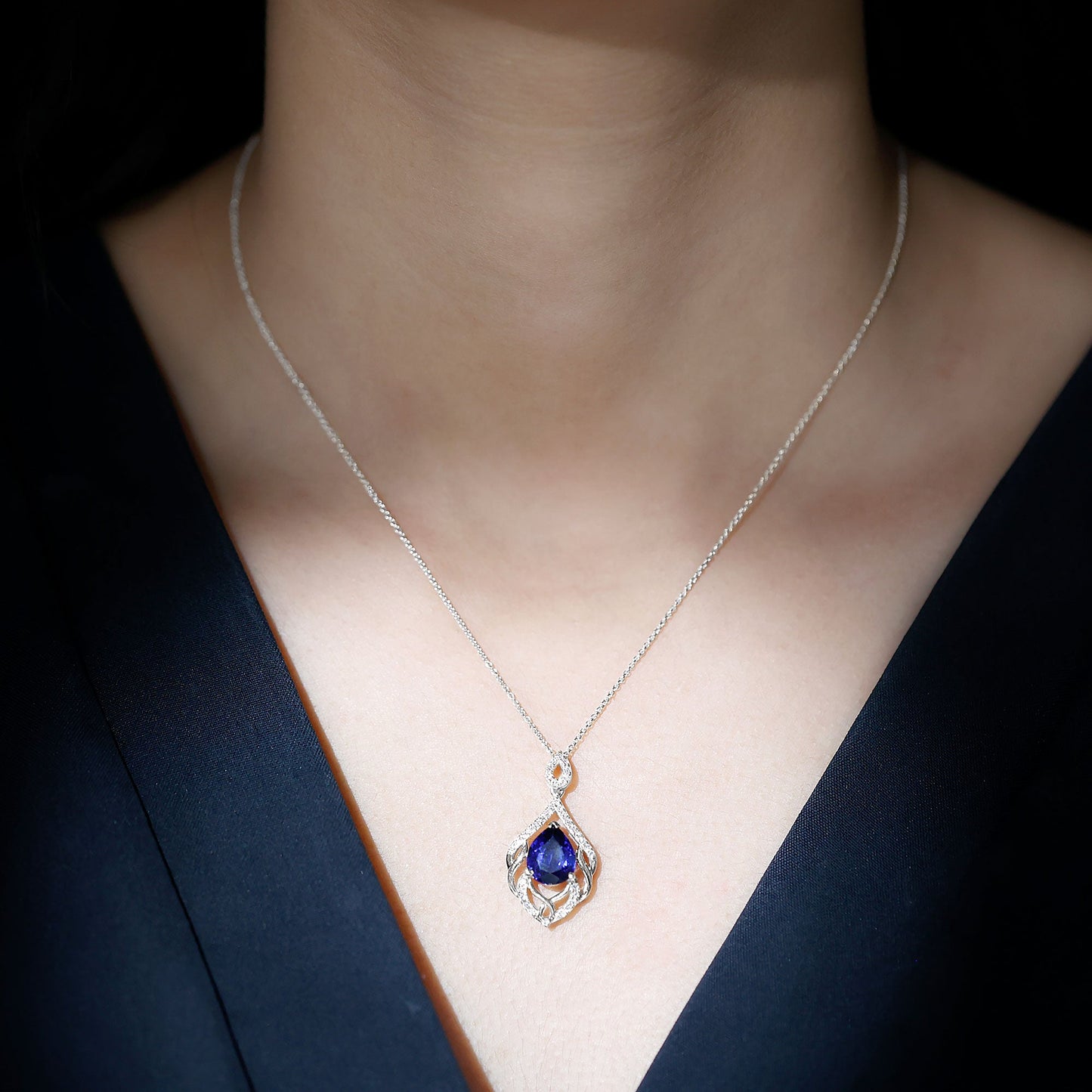 Certified Lab Grown Blue Sapphire Designer Necklace with Diamond Accent