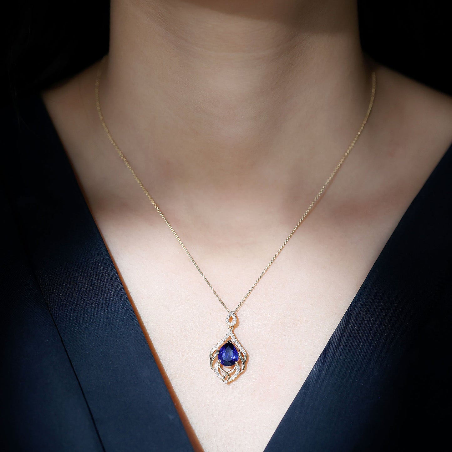 Certified Lab Grown Blue Sapphire Designer Necklace with Diamond Accent