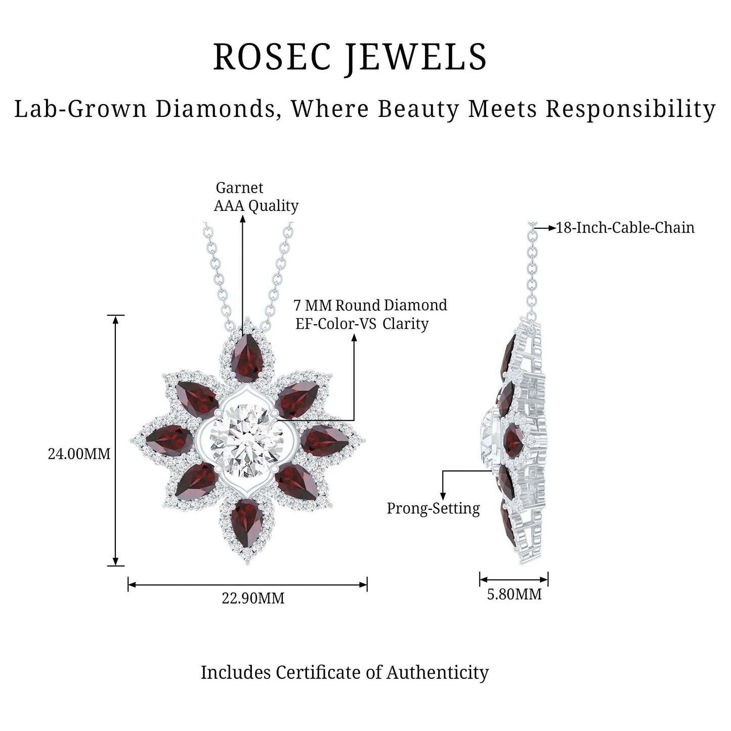 Certified Lab Grown Diamond Flower Pendant With Garnet