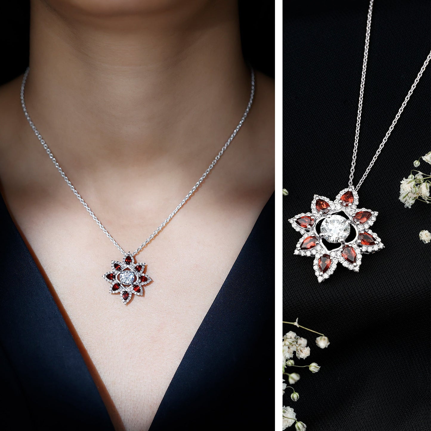 Certified Lab Grown Diamond Flower Pendant With Garnet