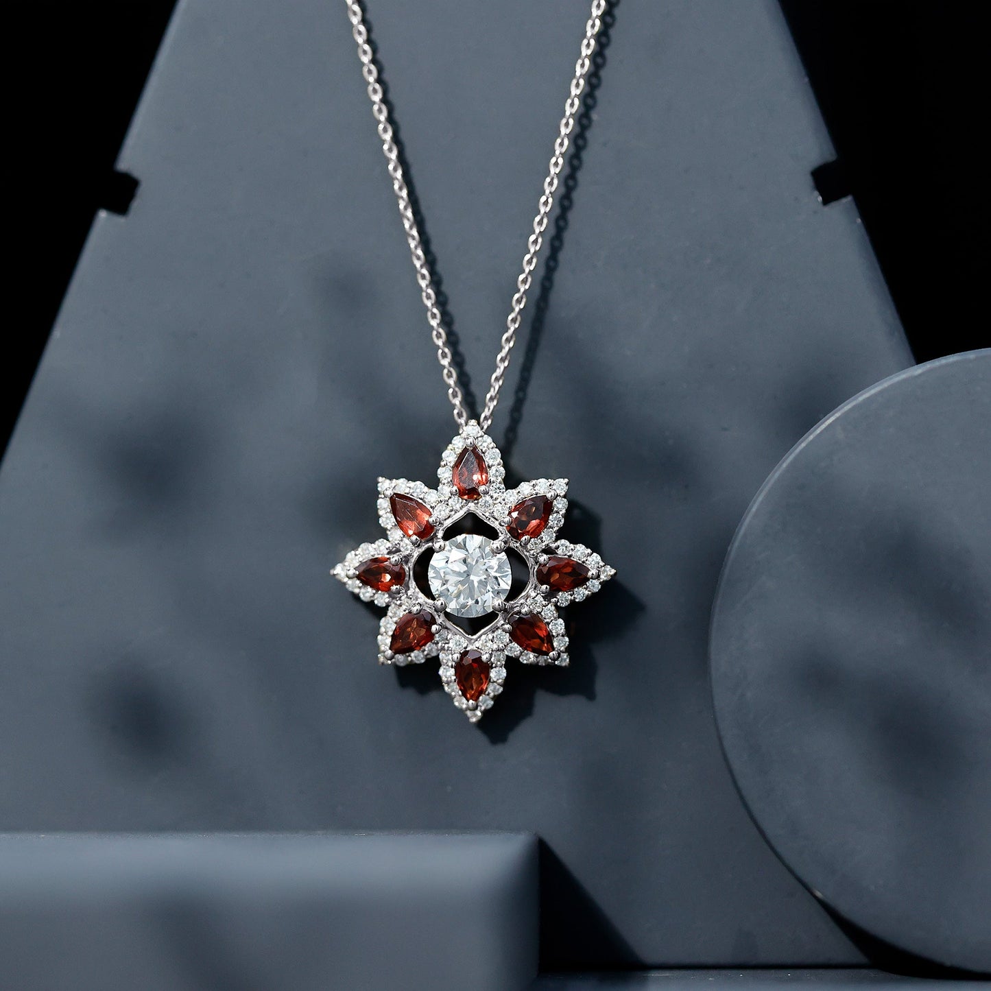Certified Lab Grown Diamond Flower Pendant With Garnet